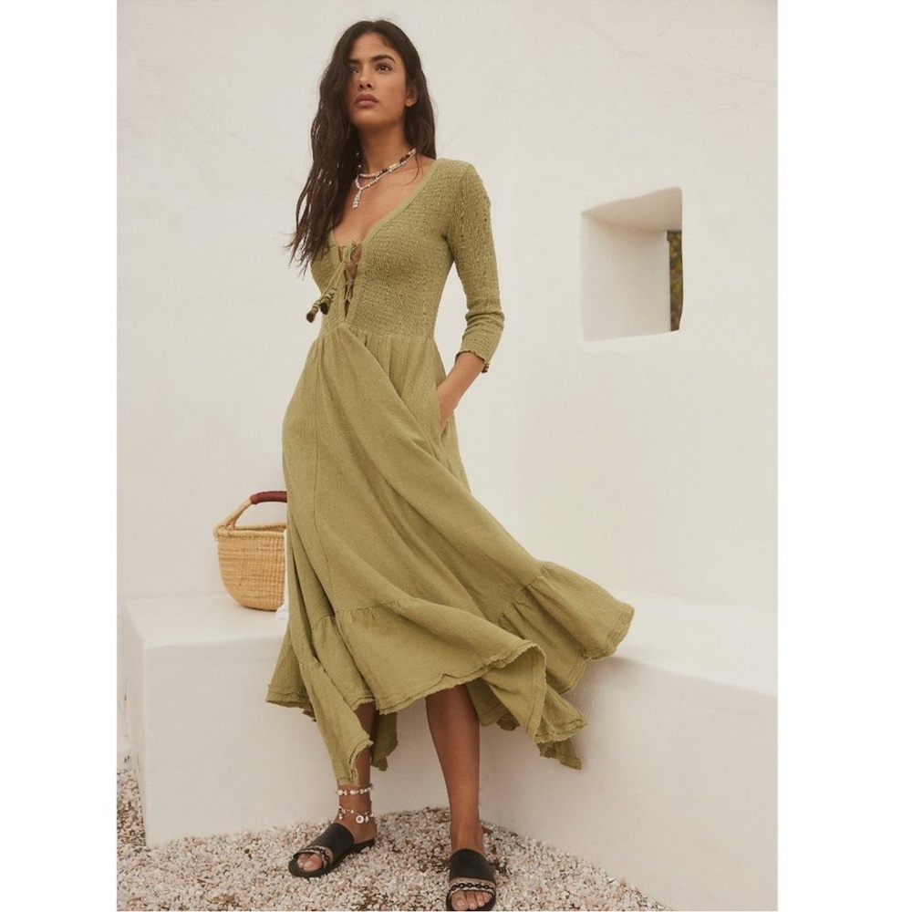 Free People The Perfect Solution Maxi Dress Smocked Lace Up Gauzy Texture Resort